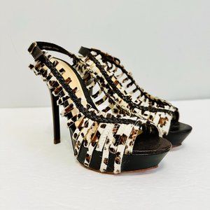 L.A.M.B. LAMB STRAPPY SLINGBACK LEATHER AND FUR STILLETO HIGH HEELS